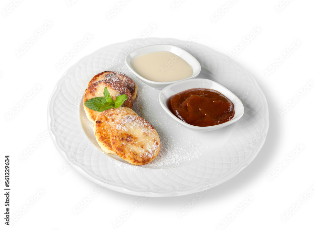 Cheese pancake with sauce cream on plate Cheese pancake with sauce cream on plate