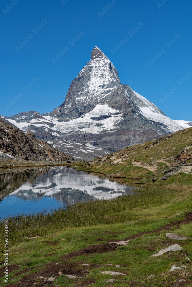 View of the snow covered Matterhorn Mountain in the Swiss Alps