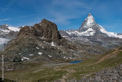 View of the snow covered Matterhorn in the Swiss Alps 