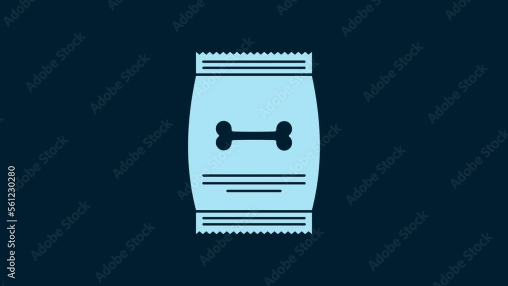 White Bag of food for pet icon isolated on blue background. Food for animals. Dog bone sign. Pet food package. 4K Video motion graphic animation White Bag of food for pet icon isolated on blue background. Food for animals. Dog bone sign. Pet food package. 4K Video motion graphic animation