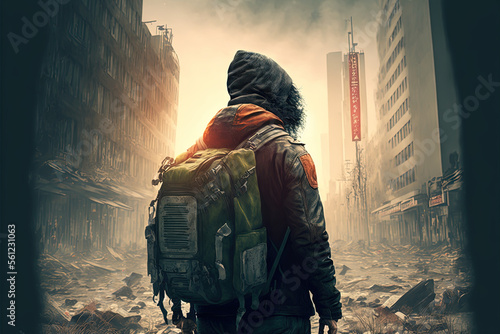 Stranger with backpack in post apocalyptical city photo