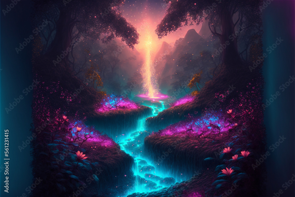Colorful bioluminescence plants in forest, crystals and glowing path, fireflies, Pandora planet at night, blue and pink glow Generative AI