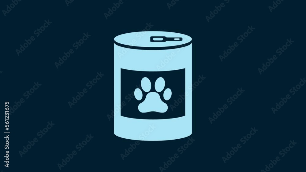 White Canned food icon isolated on blue background. Food for animals. Pet food can. Dog or cat paw print. 4K Video motion graphic animation White Canned food icon isolated on blue background. Food for animals. Pet food can. Dog or cat paw print. 4K Video motion graphic animation