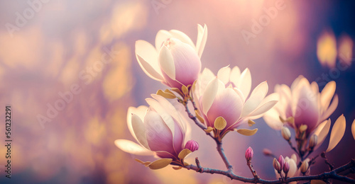 Magnolia blossoms close up. Blooming magnolia tree. Spring floral pastel background.  Blurred backdrop    Copy space.