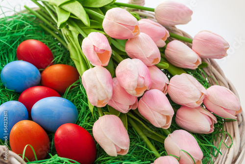easter eggs and tulips