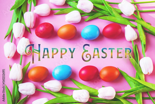 Colored eggs and tulips for Easter cards.