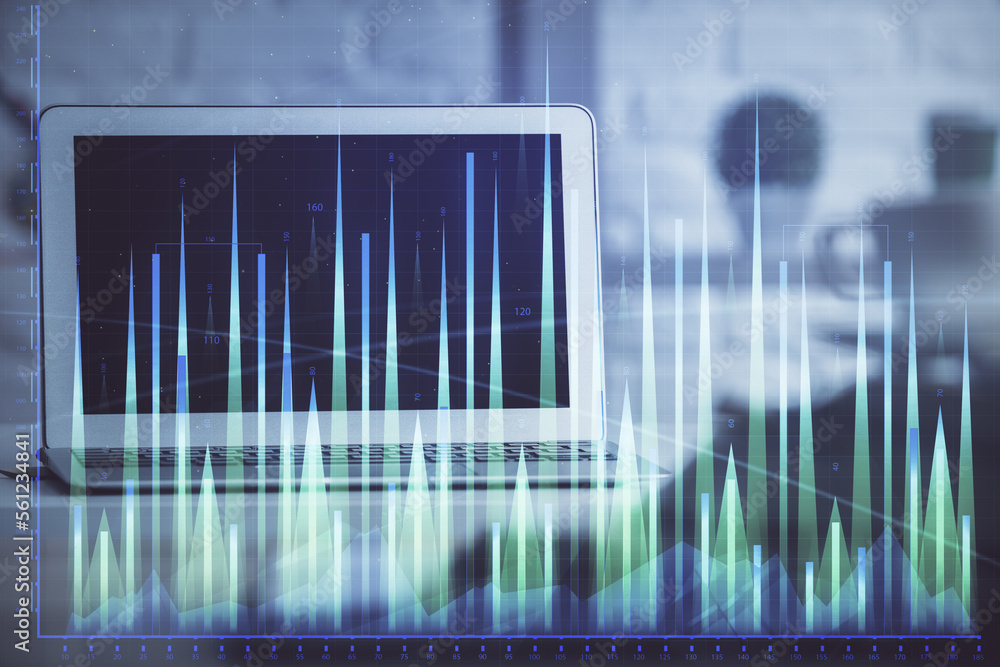 Financial market graph hologram and personal computer on background. Double exposure. Concept of forex. Financial market graph hologram and personal computer on background. Double exposure. Concept of forex.