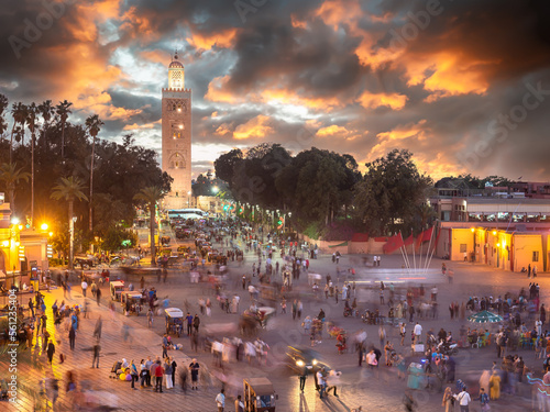 Marrakech, Morocco – April 29, 2019: Jamaa el Fna market square, Marrakesh, Morocco, north Africa. photo