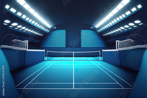 Blue tennis court and illuminated indoor arena with fans, player front view, professional tennis sport 3d illustration background. Generative AI