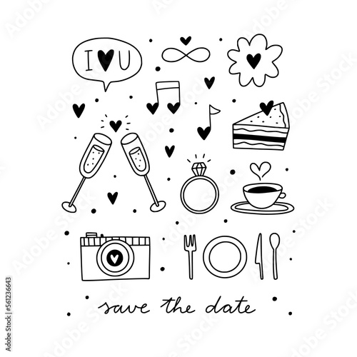 Wedding doodle set. Cute save the date illustrations. Marriage and engagement lovely graphics