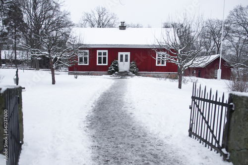 Photography View of a traditional Sweeden house in Skansen museum and park, located in Stockholm, Sweden