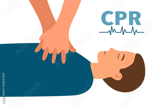 Emergency cardiopulmonary resuscitation concept vector illustration. Hand CPR first aid to male patient in flat design.