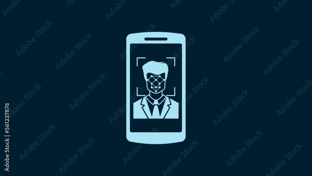 White Mobile phone and face recognition icon isolated on blue background. Face identification scanner icon. Facial id. Cyber security. 4K Video motion graphic animation White Mobile phone and face recognition icon isolated on blue background. Face identification scanner icon. Facial id. Cyber security. 4K Video motion graphic animation