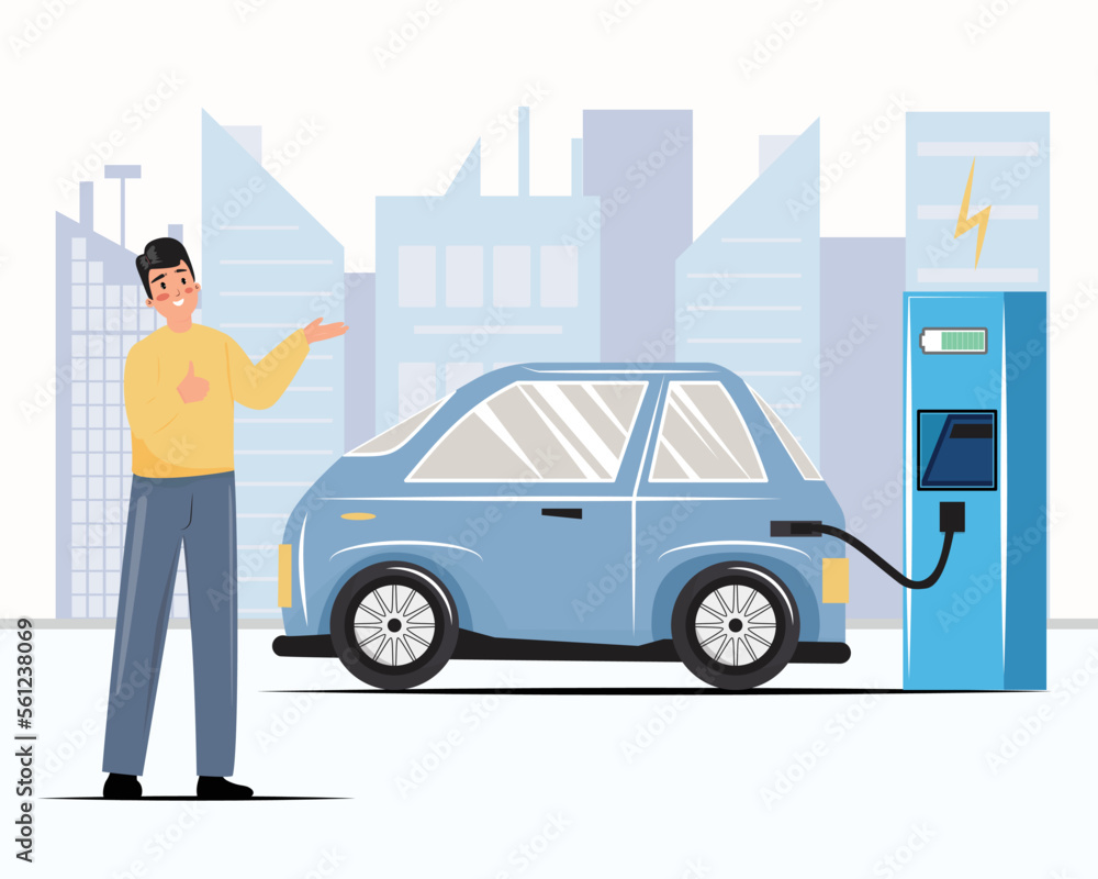 Man showing an electric car at the charger. Transportation, ecology, energy, lifestyle concept illustration.