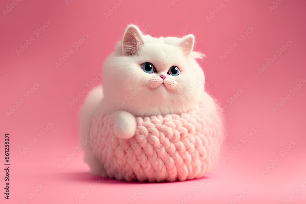Ragdoll cat, small cute kitten portrait on funny knott pillow on pink background. Pedigree pet, kitten playing pink clew or ball isolated Ragdoll cat, small cute kitten portrait on funny knott pillow on pink background. Pedigree pet, kitten playing pink clew or ball isolated