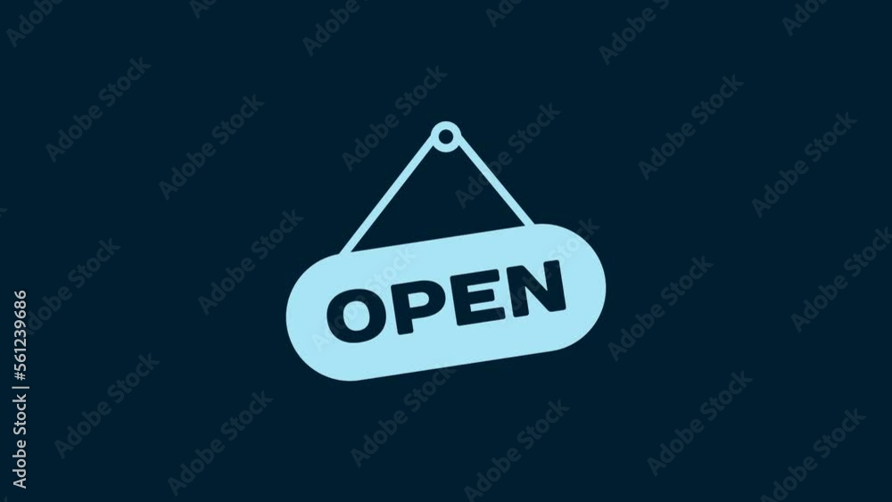 White Hanging sign with text Open door icon isolated on blue background. 4K Video motion graphic animation White Hanging sign with text Open door icon isolated on blue background. 4K Video motion graphic animation