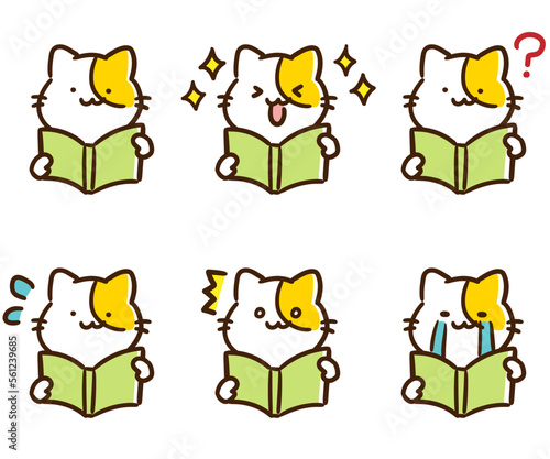 色々な表情で読書をするかわいいねこのキャラクターの上半身イラストセット