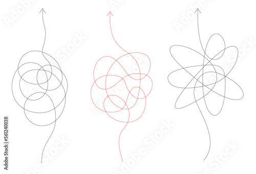Set of different ways to solve problem. Hard and Easy way illustrated by tangled and straight lines. Collection of chaotic messy scribbles. Knot arrow line.