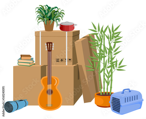 Vector cartoon style illustration of paper boxes with various things from home. The family moved to a new house. Concept. Isolated on white background. Vector illustration in a flat style.