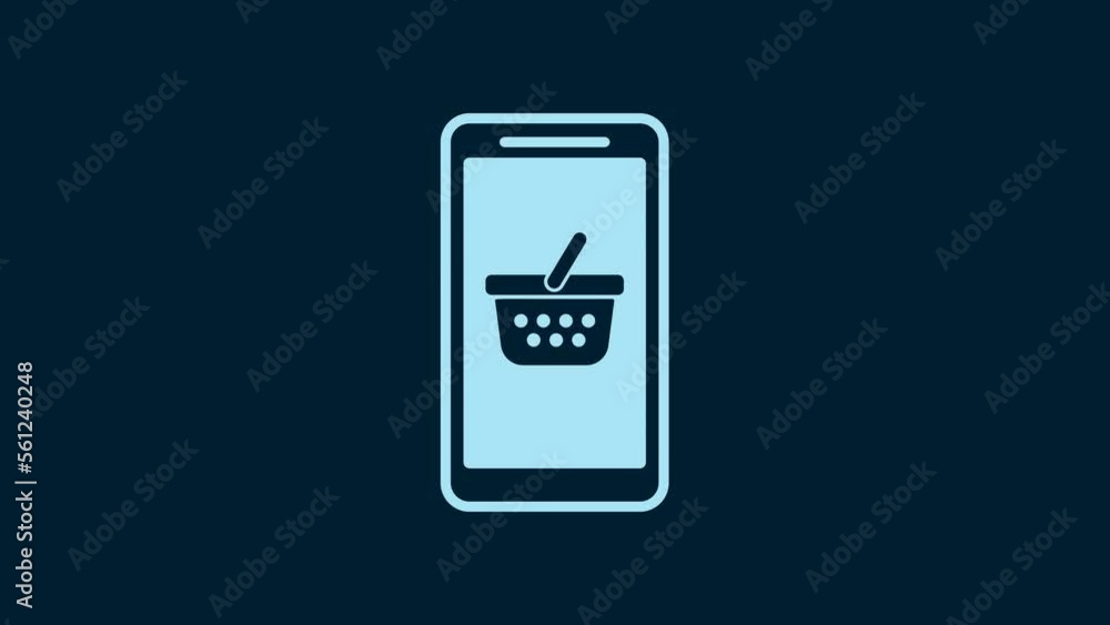 White Mobile phone and shopping basket icon isolated on blue background. Online buying symbol. Supermarket basket symbol. 4K Video motion graphic animation White Mobile phone and shopping basket icon isolated on blue background. Online buying symbol. Supermarket basket symbol. 4K Video motion graphic animation