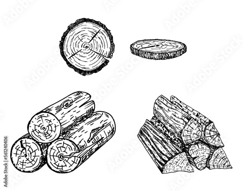 Wood logs, trunk vector sketch illustration. Hand drawn wooden materials. Firewood sketch set. Annual rings on a tree cut. Wood stumps