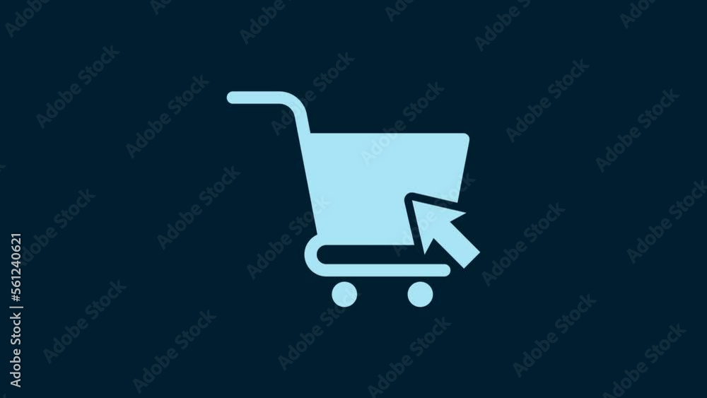 White Shopping cart with cursor icon isolated on blue background. Online buying concept. Delivery service sign. Supermarket basket symbol. 4K Video motion graphic animation White Shopping cart with cursor icon isolated on blue background. Online buying concept. Delivery service sign. Supermarket basket symbol. 4K Video motion graphic animation