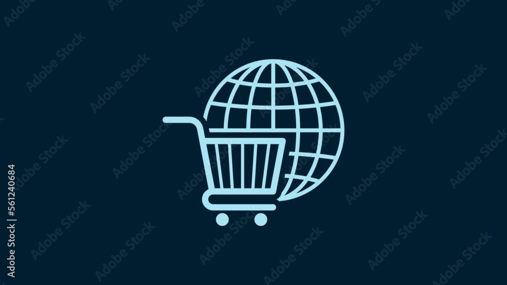 White Shopping cart with globe icon isolated on blue background. Online buying concept. Global market concept. Supermarket basket symbol. 4K Video motion graphic animation White Shopping cart with globe icon isolated on blue background. Online buying concept. Global market concept. Supermarket basket symbol. 4K Video motion graphic animation