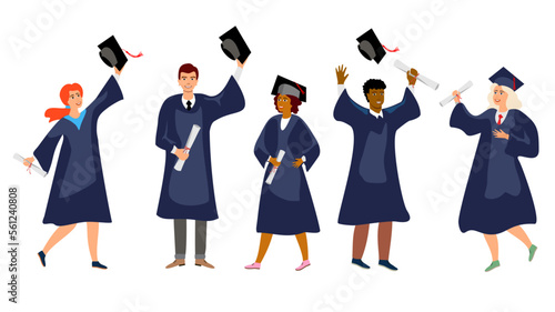 Student graduation set vector illustration. Adult education, male and female graduates concept. happy students at different nations.