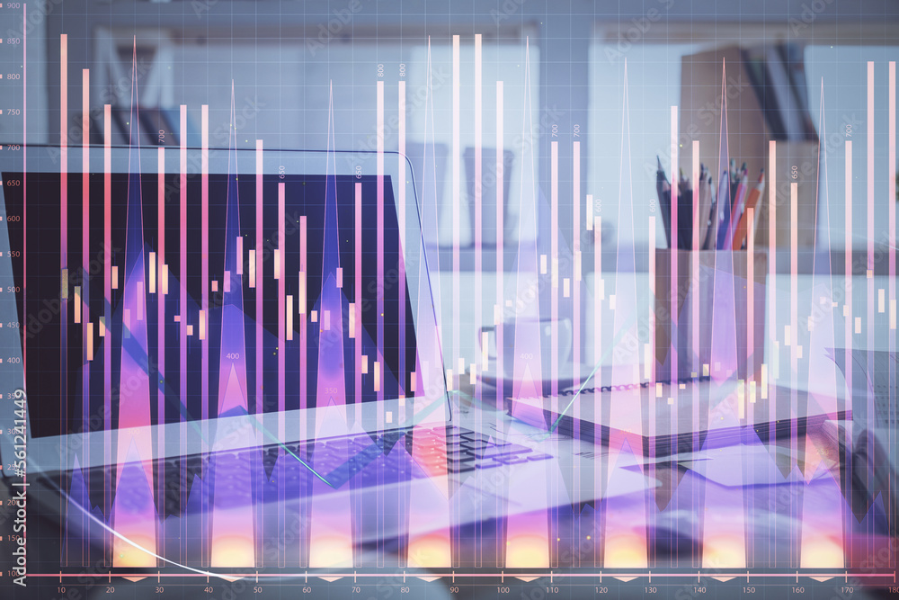 Forex market graph hologram and personal computer on background. Multi exposure. Concept of investment. Forex market graph hologram and personal computer on background. Multi exposure. Concept of investment.