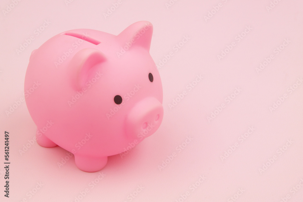 Piggy bank on pink background. Room for text.