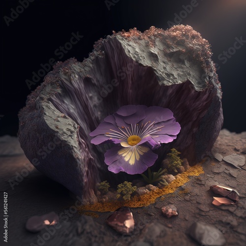 flower growing on half cutted amethyst raw ore, Generative AI