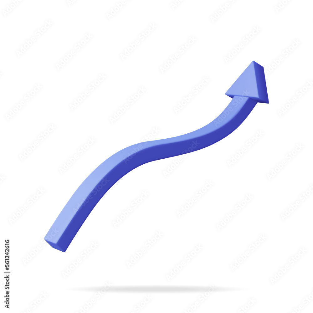 3D Growing Blue Arrow Isolated. Render Arrow Moving Up. Growth or Success Symbol. Business Market Sales Incrase. Financial Item, Business Investment, Trade. Money and Banking. Vector Illustration