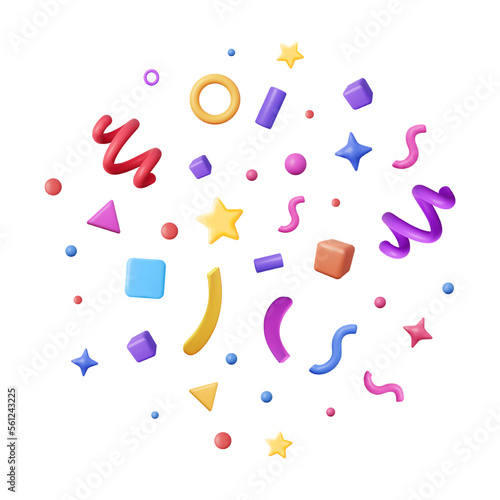 3D Party Confetti Set Isolated on White. Render Plasticine Confetti Collection. Colorful Firecracker Elements in Various Shapes. Party, Holyday, Surprise or Birthday Events. Vector Illustration
