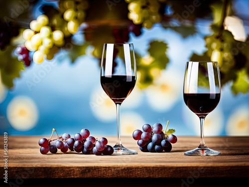 Wineglasses and grapes on a table. 