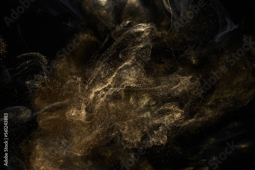 Golden sparkling abstract background, luxury black smoke, acrylic paint underwater explosion, cosmic swirling ink