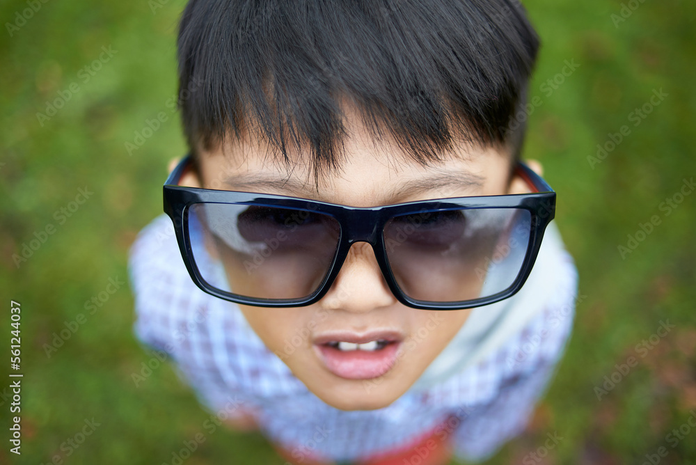 High angle view of boy wearing oversized black sunglasses while standing on field at park High angle view of boy wearing oversized black sunglasses while standing on field at park