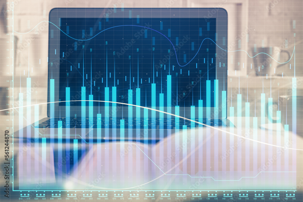 Forex market graph hologram and personal computer on background. Multi exposure. Concept of investment. Forex market graph hologram and personal computer on background. Multi exposure. Concept of investment.