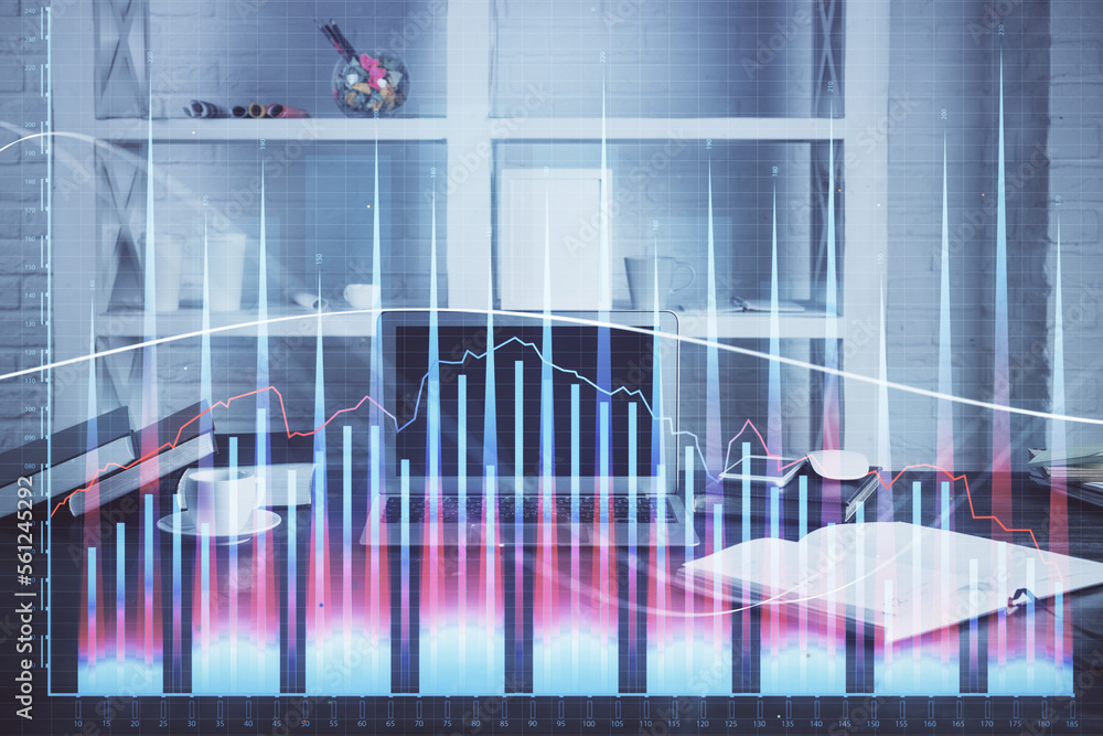 Forex market graph hologram and personal computer on background. Multi exposure. Concept of investment. Forex market graph hologram and personal computer on background. Multi exposure. Concept of investment.