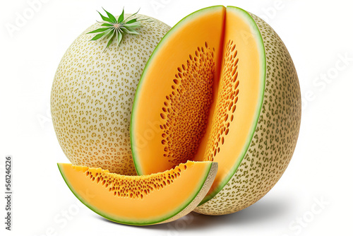 Japanese melons, orange or cantaloupe melon, whole and sliced, with seeds, isolated on white. Generative AI