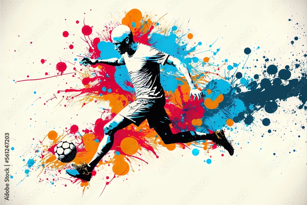 Soccer player with a graphic trail and color splash background. Generative AI Soccer player with a graphic trail and color splash background. Generative AI