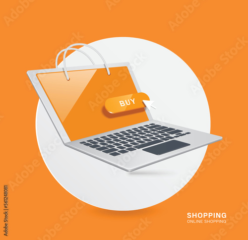 Laptop computer with a handle that looks like shopping bag and there is buy button display on screen