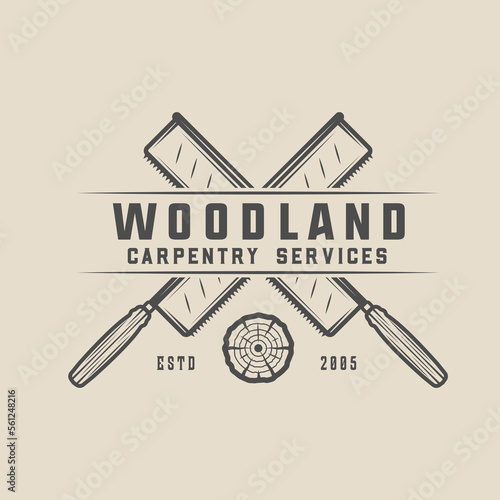 Vintage retro woodwork carpentry mechanic emblem, logo, badge, label. mark, poster or print. Monochrome Graphic Art. Vector