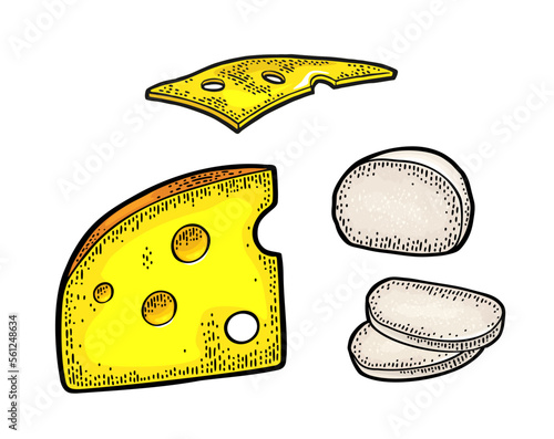 Pieces of cheese. Vector vintage engraving illustration isolated on white