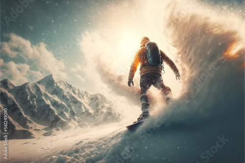 illustration of a snowboarder riding from the slope of a snowy mountain on a snowboard in the rays of the sun, against the backdrop of snowy mountains and an avalanche