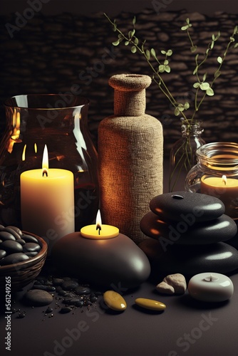 background of the spa center  candles  plants and massage stones. generated AI