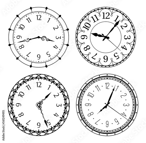 Antique clocks with arabic numerals. Classic and vintage round designs with numbers and hands isolated vector set