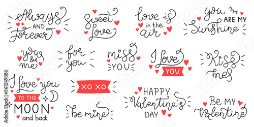 Vector valentines day set of handwritten lettering phrases. Collection of black love text with red hearts. Romantic quotes for greeting cards or banners.