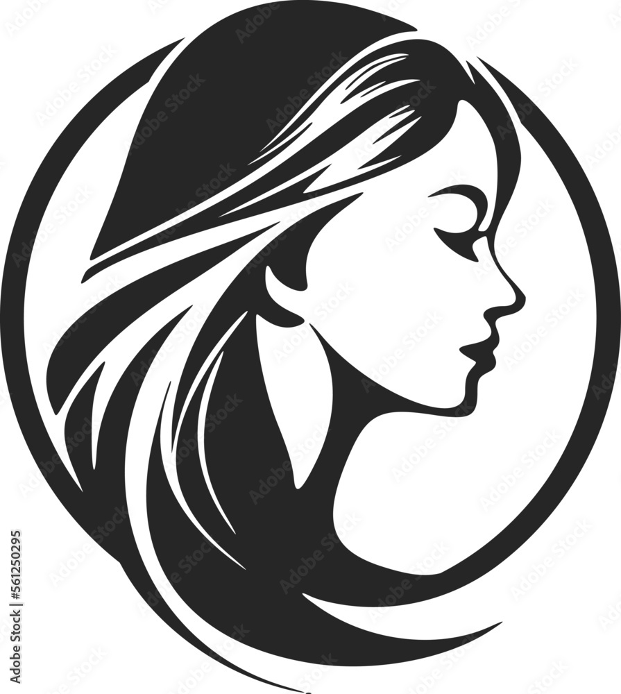 Black and white logo depicting a beautiful and sophisticated girl. Elegant style with a sophisticated and sophisticated look.