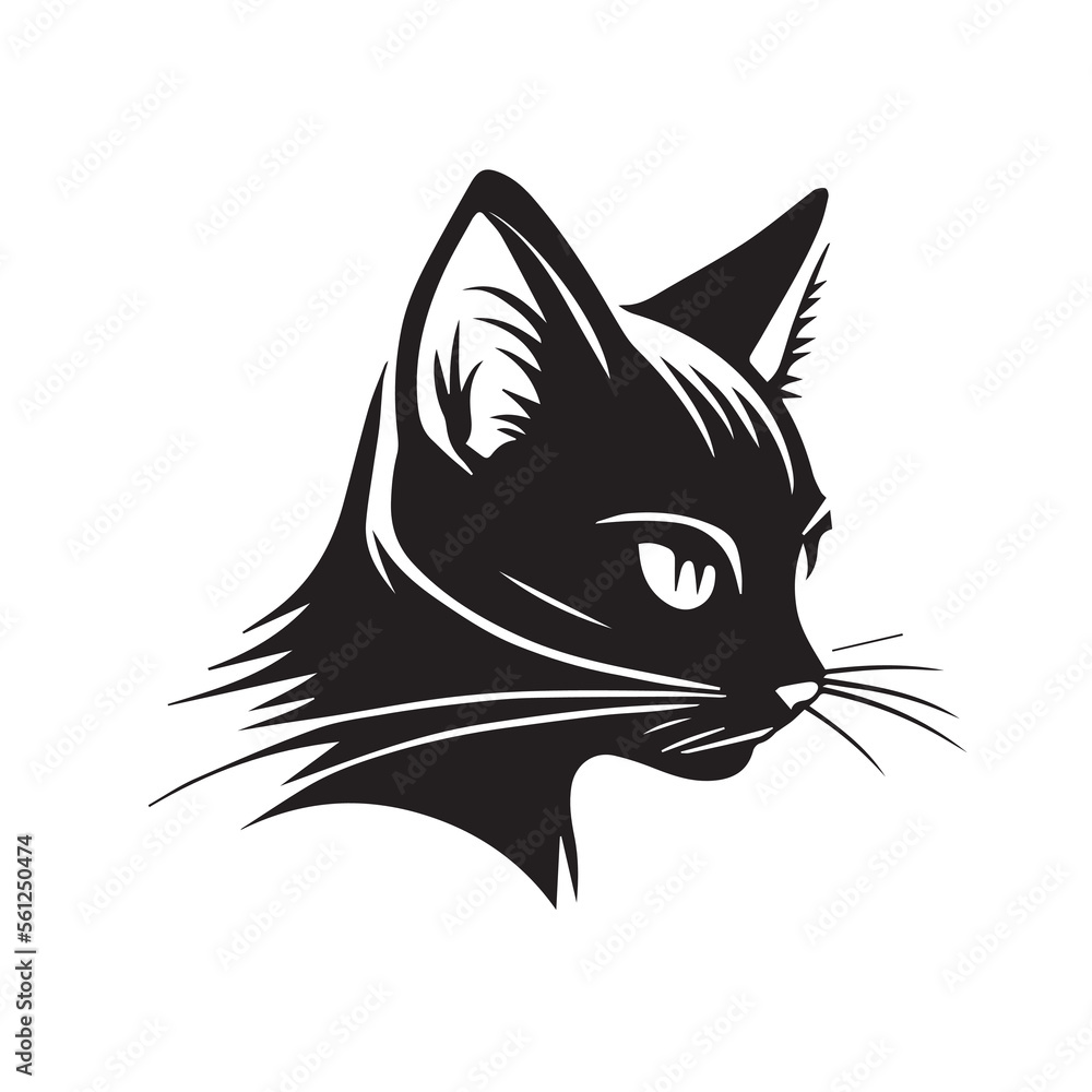 Obraz premium Cat black and white vector illustration. Isolated kitten. Cartoon drawing of kitty. Silhouette contour of feline. Simple funny doodle of domestic animal. Tattoo idea. Sketch of adorable mammal pet.