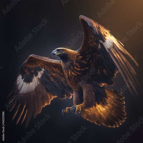 Generative AI illustration of powerful golden eagle in flight with wide open wings photo